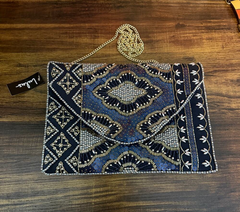 Lulus Navy Beaded Envelope Clutch Gold Chain Evening Bag NWT Wedding Formal
